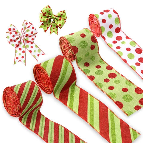 Christmas Decorative Ribbon Polka Dot Stripes Red Green Wire Edge Ribbon For Gift Wrapping Holiday Tree DIY Bows Craft Ribbon