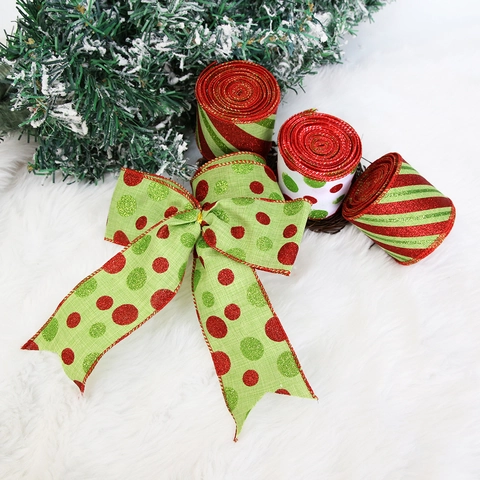 Rotolo di Nastro Natalizio Glitterato Rosso Verde Pois Riga Diagonale per Decorazione Albero Regalo Bordo Animato Nastro Decorativo
