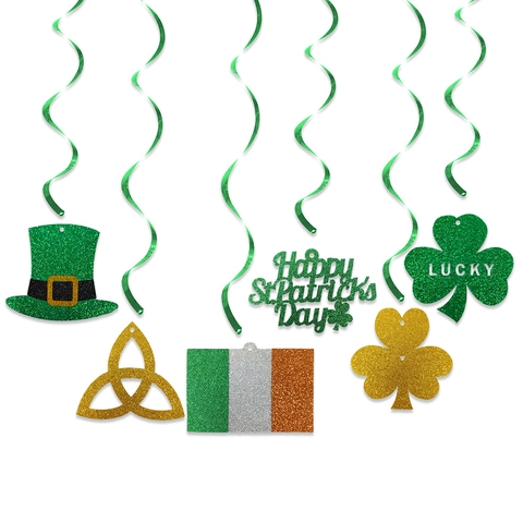 Decorazioni A Spirale Sospese Per Il Giorno Di San Patrizio Trifoglio Cappello Da Leprechaun Bandiera Irlandese PVC Carta Glitter