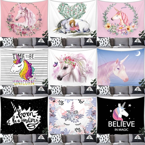 Dreamy Unicorn Wall Tapestry Polyester Fabric Cartoon Watercolor Galaxy Starry Night Blanket For Kids Bedroom Home Decor