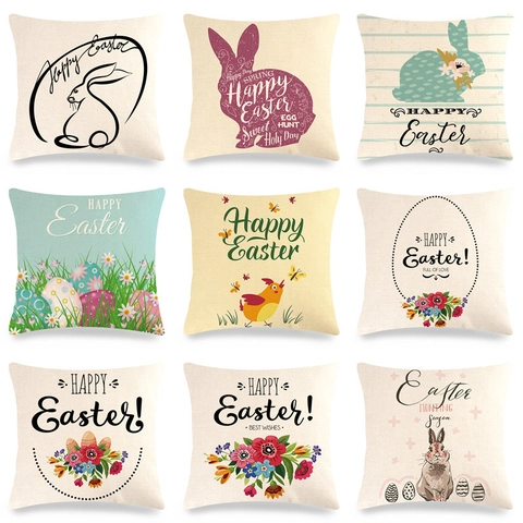 Funda de Cojín de Lino de Pascua Decorativa Impresión de Conejo Huevo Floral Funda de Almohada Cuadrada Para Sofá Salón Decoración