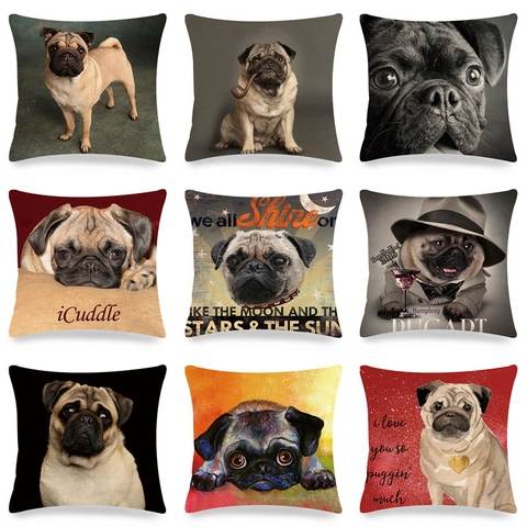 Fodera per Cuscino in Lino con Cane Carlino Federa Decorativa per Divano Casa Soggiorno Quadrata con Motivo Animale