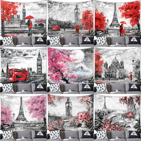 Artistic Oil Painting Scenery Tapestry Paris Eiffel Tower London Big Ben Wall Hanging Decor For Living Room Bedroom Office Polyester Fabric