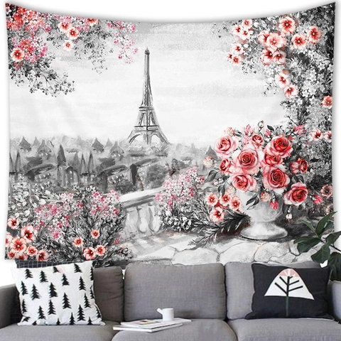 Artistic Oil Painting Scenery Tapestry Paris Eiffel Tower London Big Ben Wall Hanging Decor For Living Room Bedroom Office Polyester Fabric