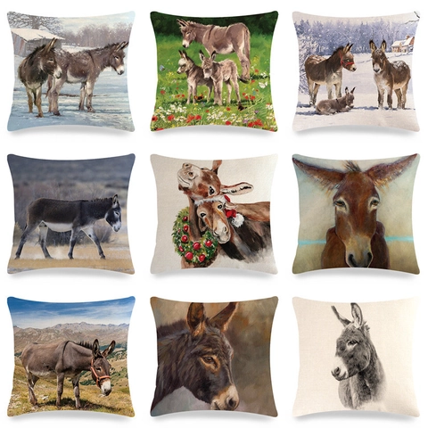Funda de Almohada de Lino de Burro Lindo y Divertido Pintura al Óleo Artística Estampado de Animales Funda de Cojín Para Decoración de Hogar de Granja Sofá Funda de Cojín Decorativa Cuadrada