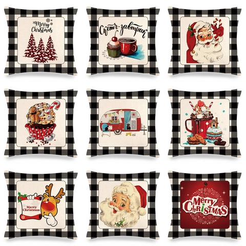 Christmas Linen Pillowcase Buffalo Plaid Border Santa Claus Tree Camper Print Decorative Square Throw Cushion Cover For Sofa Home Decor
