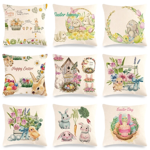 Paashaas Linnen Kussensloop Happy Easter Decoratieve Kussenhoes Voor Bank Woonkamer Home Decor Vierkant