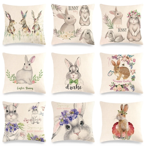 Paashaas Kussenhoes Linnen Aquarel Konijn Kussensloop Lente Bloemen Woondecoratie Boerderijstijl
