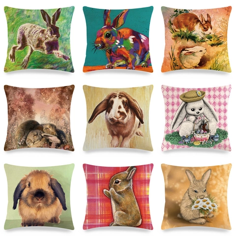 Easter Rabbit Linen Cushion Cover Watercolor Oil Painting Bunny Throw Pillowcase For Sofa Living Room Decor Square