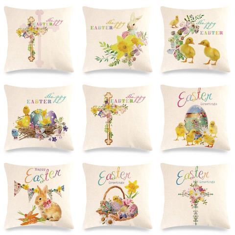 Funda de Cojín de Lino de Pascua Cuadrada Decorativa Funda de Almohada Estampado Conejo Pollito Huevo Flor Para Sofá Hogar
