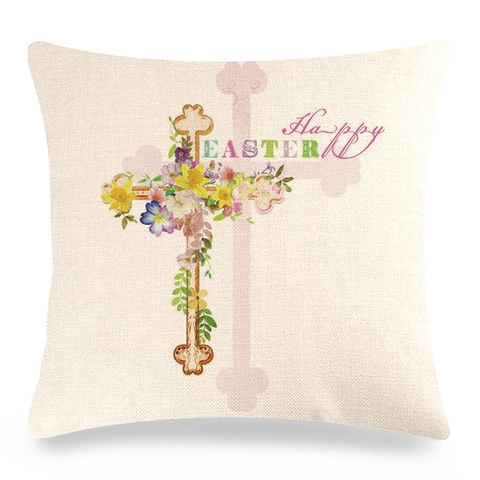 Funda de Cojín de Lino de Pascua Cuadrada Decorativa Funda de Almohada Estampado Conejo Pollito Huevo Flor Para Sofá Hogar