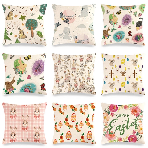 Easter Rabbit Egg Print Linen Pillowcase Cartoon Floral Square Throw Cushion Cover For Sofa Living Room Home Festive Decor