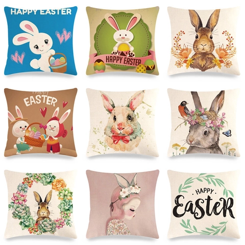 Federa in Lino Con Coniglietto di Pasqua Copricuscino Quadrato Decorativo Stampa Happy Easter Motivi Floreali Regalo Casa