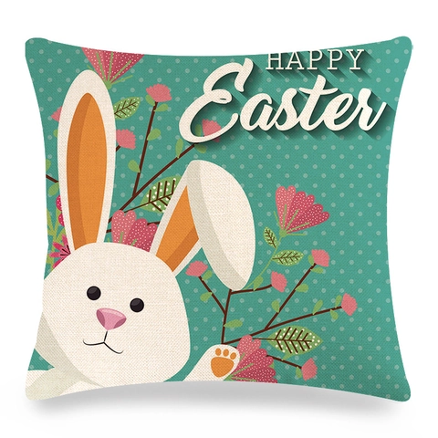 Federa in Lino Con Coniglietto di Pasqua Copricuscino Quadrato Decorativo Stampa Happy Easter Motivi Floreali Regalo Casa