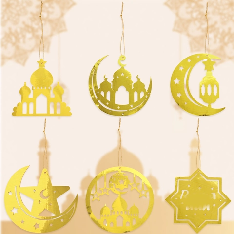 Gold Ramadan Moon Star Mosque Hollow Hanging Ornaments For Eid Mubarak Party Decor Festive Indoor Wall Window Pendants