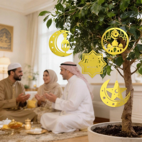 Gold Ramadan Moon Star Mosque Hollow Hanging Ornaments For Eid Mubarak Party Decor Festive Indoor Wall Window Pendants