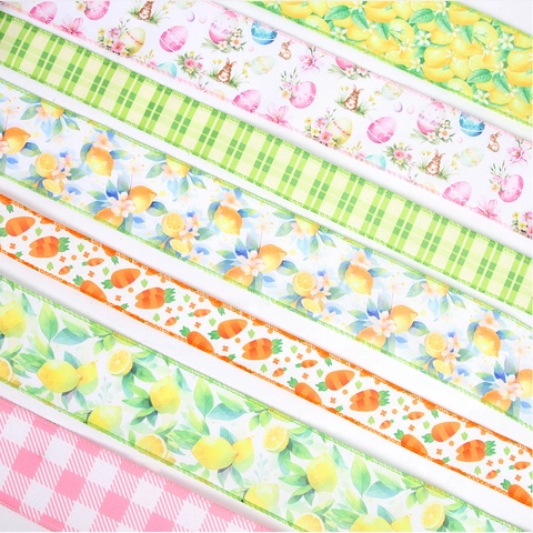 Easter Printed Ribbon Wire Edge Egg Rabbit Lemon Carrot Gingham Pattern For DIY Gift Wrapping Bow Party Home Decoration