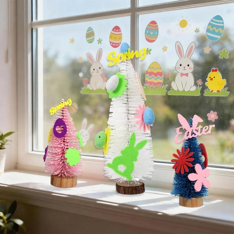 Pasen DIY Mini Boom Materiaal Kit Roze Wit Blauw Vilt Ornamenten Kunstmatige Flessenborstel Bomen Voor Lente Decoratie Kinderen Cadeau