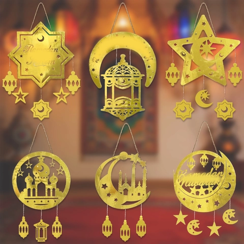 Gold Holz Ramadan Mubarak Hängedekoration Moschee Stern Mond Anhänger Set Festliche Party Traditionelle Nahöstliche Heimdekoration