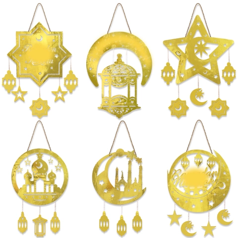 Goldener Ramadan Mubarak Mond Stern Hängende Dekoration Holz Moschee Schloss Hohl Anhänger Für Eid Festival Haus Wand Deko