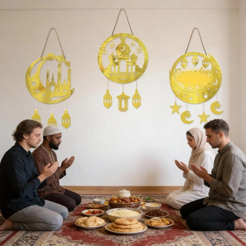 Gold Mirror Wood Ramadan Mubarak Hanging Ornament Eid Festival Star Moon Castle Hollow Tag Home Layout Party Decoration