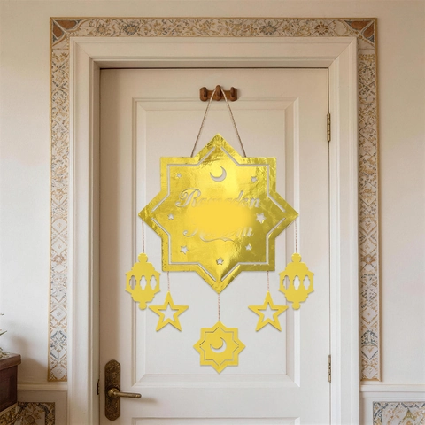 Gold Mirror Wood Ramadan Mubarak Hanging Ornament Eid Festival Star Moon Castle Hollow Tag Home Layout Party Decoration