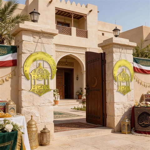 Goldener Ramadan Mubarak Mond Stern Hängende Dekoration Holz Moschee Schloss Hohl Anhänger Für Eid Festival Haus Wand Deko