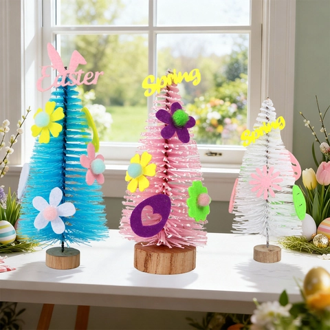 Arbre en Sisal DIY de Pâques Avec Base en Bois Lapins en Feutre Oeufs Motifs Floraux Décoration de Table Printemps