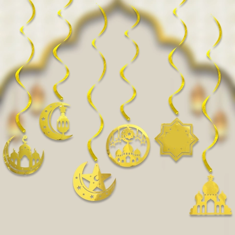 Decorazioni Pendenti a Spirale Ramadan Eid Mubarak Oro Luna Stella Moschea Castello Ornamenti da Soffitto Casa Festa Decor