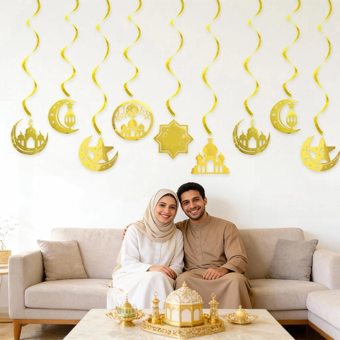 Eid Mubarak Ramadan Decoración Colgante de Espiral Dorada Mezquita Media Luna Estrella Linterna Festiva Fiesta Techo Adornos