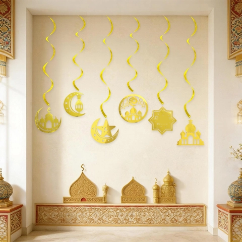 Decorazioni Sospese Ramadan Eid Mubarak Oro Spirali Stella Luna Moschea Ornamenti per Soffitto per Feste Islamiche