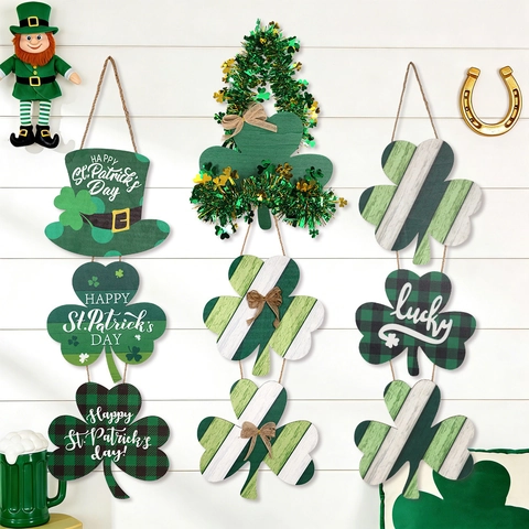 St. Patrick's Day Wooden Shamrock Hanging Sign Lucky Clover Door Decor For Home Irish Party Festive Wall Hanging Decoration