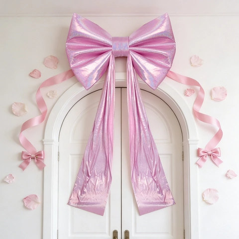 Giant Iridescent Pink Bow Pendant Large Decorative Bow With Long Tail For Wedding Birthday Party Room Decoration Backdrop Props