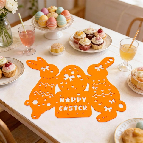 Manteles Individuales de Fieltro de Pascua Calados con Patrón de Conejo y Huevo Aislamiento Térmico Mesa de Comedor Decoración de Mesa