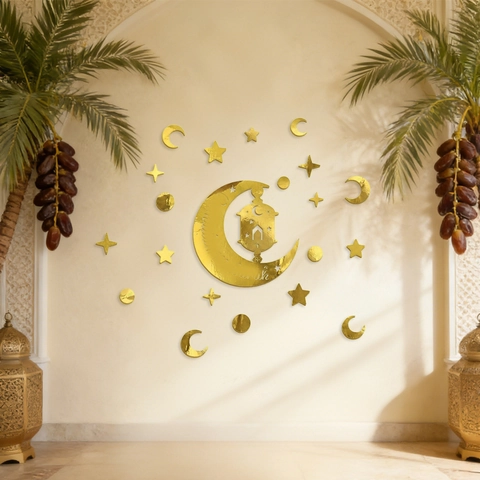 Gold Mirror Eid Mubarak Wall Stickers Ramadan Moon Star Lantern DIY Window Decal Middle East Festival Home Party Decor