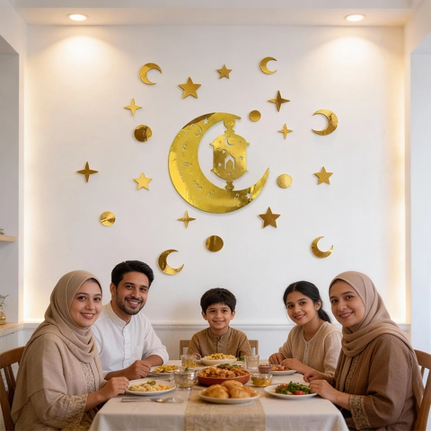 Set di Adesivi Murali Ramadan Mubarak Specchio Oro EVA Stelle Luna Lanterna Decorazione per Eid Festival Islamico Casa Festa