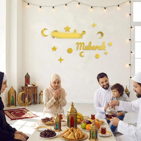 Gold Mirror Eid Mubarak Wall Stickers Ramadan Moon Star Lantern DIY Window Decal Middle East Festival Home Party Decor