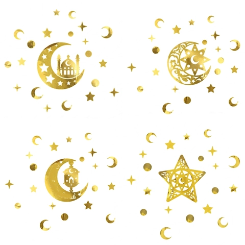 Goud Spiegel Ramadan Mubarak Muurstickers EVA Holle Maan Ster Lantaarn Arabische Brief Stickers Voor Eid Feest Decor