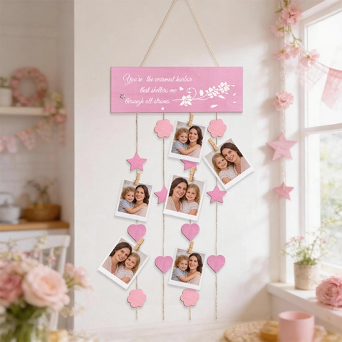Targa Appesa Clip Foto in Legno Festa della Mamma DIY Decorazione Parete Rosa Cuore Stella Stampa Floreale Display Foto Regalo