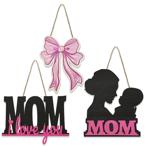 Placa Colgante Madera Día de la Madre Mom I Love You Lazo Silueta Madre Hijo Decoración Pared Regalo Festival