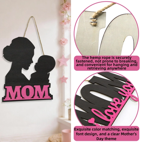 Placa Colgante de Madera del Día de la Madre MOM I Love You Corazón Silueta Lazo Rosa Decoración Festiva para Pared Puerta Hogar