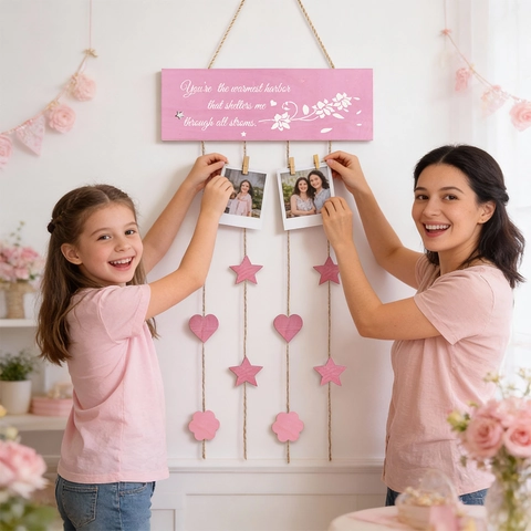 Pink Wooden Mother's Day Photo Wall Hanging Sign Decorative Wood Plaque With Hemp Rope And Clips For Home Party Decoration