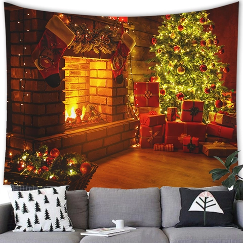 Christmas Tree Fireplace Wall Tapestry Festive Home Decor Polyester 3D Digital Printed Hanging Blanket For Living Room Bedroom