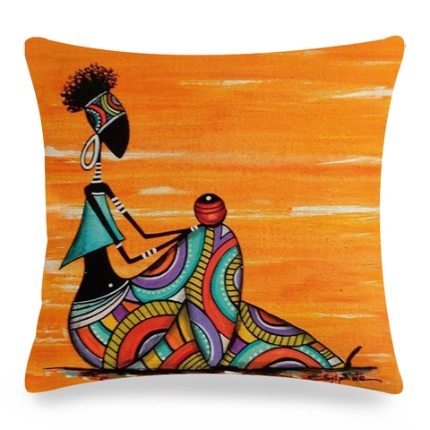 African Woman Portrait Art Linen Cushion Cover Ethnic Tribal Oil Painting Square Pillowcase For Sofa Living Room Home