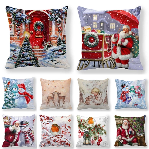 Funda de Almohada de Navidad Nórdica de Lino Funda de Cojín Decorativa para Sofá Papá Noel Muñeco de Nieve Reno Estampado Decoración de Hogar