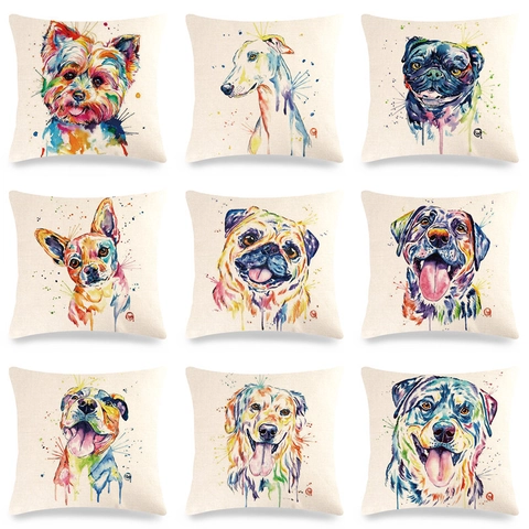 Künstlerischer Aquarell Hund Porträt Leinen Kissenbezug Modern Dekorativer Quadratischer Kissenhülle Für Sofa Wohnzimmer