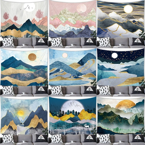 Abstract Mountain Landscape Tapestry Sun And Moon Nordic Style Polyester Wall Hanging Art For Living Room Bedroom Home Decor