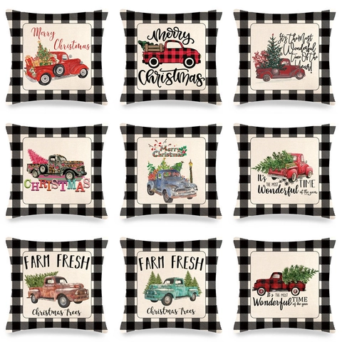 Federa Natalizia Lino Copricuscino Bordo Quadri Buffalo Camion Vintage Albero Decorazione Casa Divano Fattoria