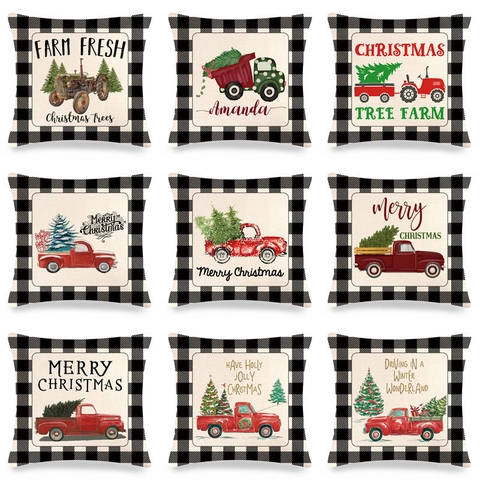 Weihnachts-Kissenbezüge Leinen Karomuster Vintage Roter LKW Bauernhaus Dekorative Quadratische Kissenhülle Für Sofa