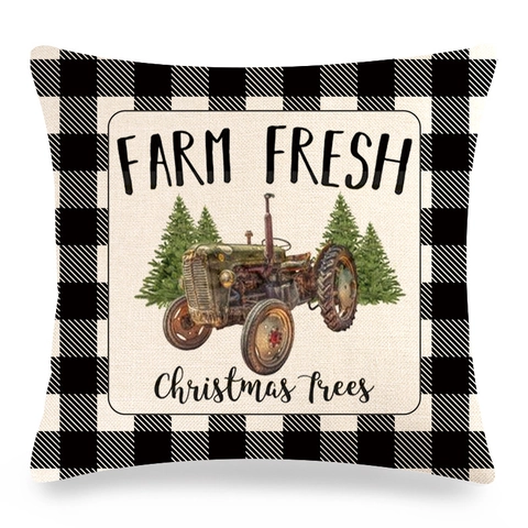 Weihnachts-Kissenbezüge Leinen Karomuster Vintage Roter LKW Bauernhaus Dekorative Quadratische Kissenhülle Für Sofa